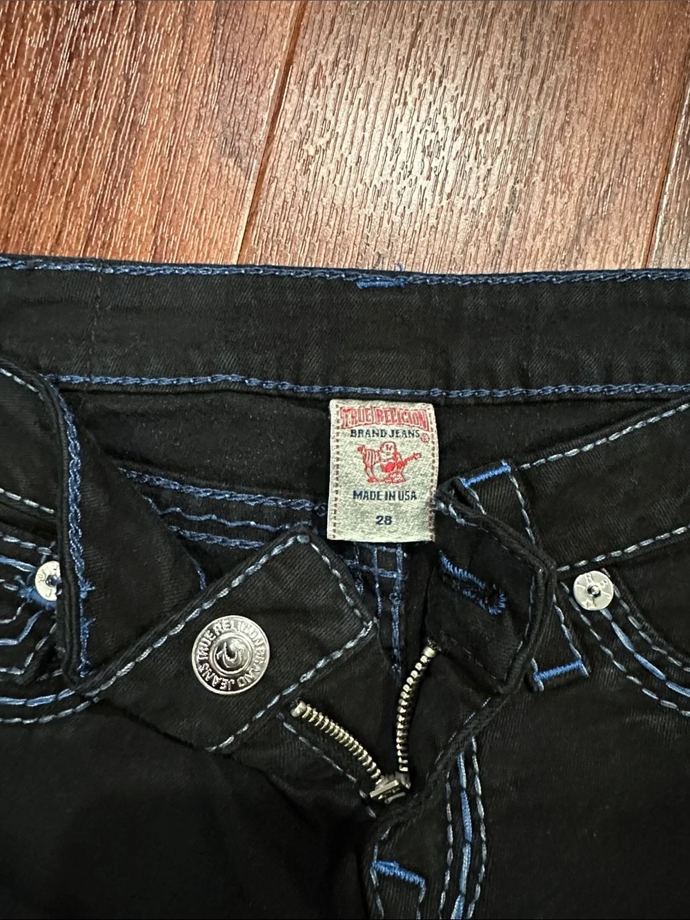 True Religion Black Straight Jeans with Blue Contrast Stitching - Picture 2 of 4